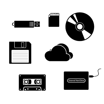 Set of storage devices black icons flat vector isolated on white background