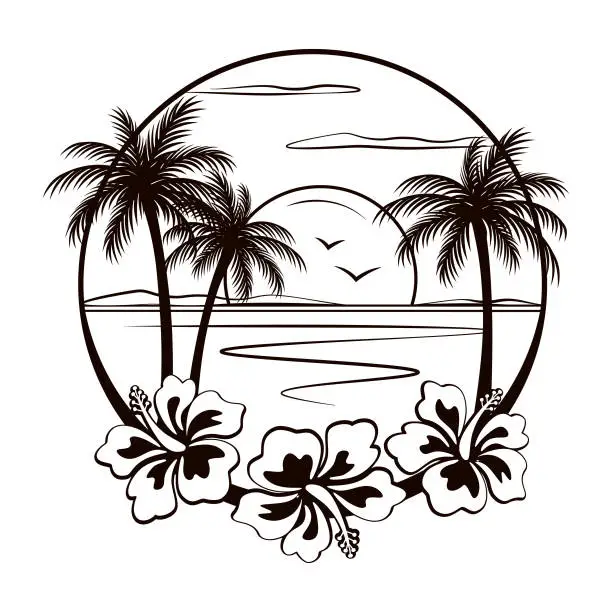 Vector illustration of Tropical beach with beautiful sunset view and palm trees in sketch style drawing