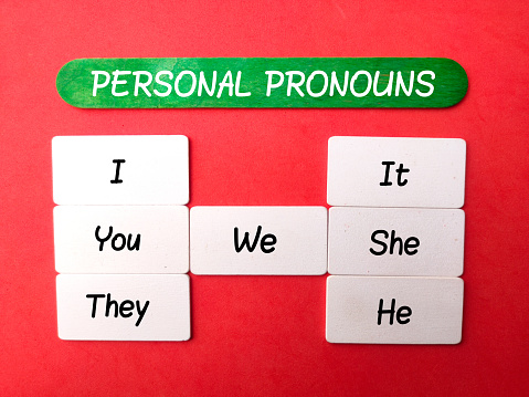 Personal pronouns English grammar exercise on a red background. Languages concept