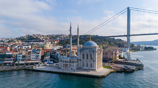 Aerial view of Ortakoy Mosque and the 15 July Martyrs Bridge in Istanbul, Turkey.  (Turkish: Ortaköy Camii, formally the Büyük Mecidiye Camii)