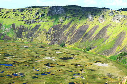 Incredible Crater Lake of Rano Kau Volcano View from Orongo Ceremonial Village on Easter Island, Chile, South America
