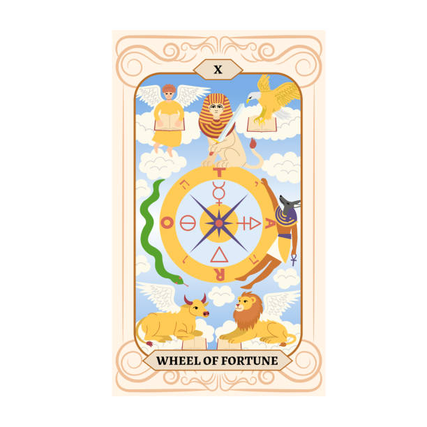 ilustrações, clipart, desenhos animados e ícones de major arcana tarot card design. hand drawn cartoon linear flat style. wheel of fortune. - medium group of animals illustrations