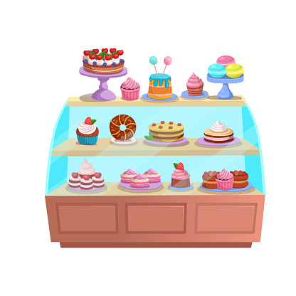 Refrigerator with cakes. Confectionery. Pastry shop interior inside. Cafe or Candy store. Cakes and pastries are on the shelves. Set of holiday cakes and pastries. Happy birthday.Ð¡artoon