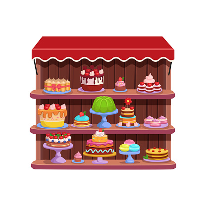 Cafe or Candy store. Pastry and cake shop. cakes and pastries are on the shelves. Wooden shelves with canopy elements for the game