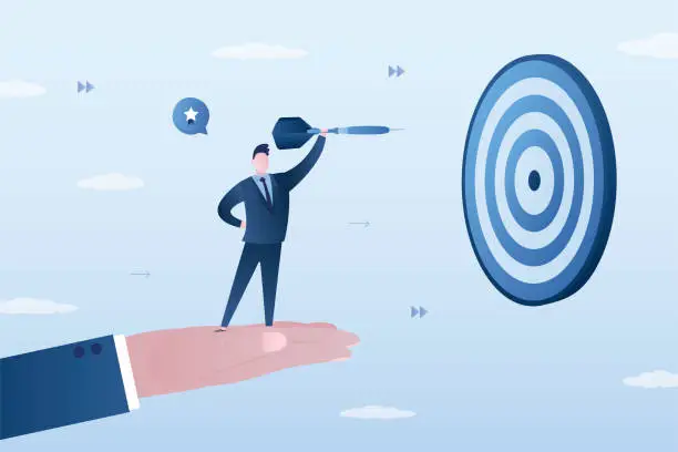 Vector illustration of Mentorship, business coaching, support. Huge hand holds entrepreneur and helps him hit target with dart. Leadership to guide employee to achieve goal concept. Self development strategy