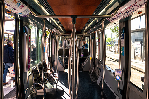Bordeaux, France - April 8th, 2024:  Inside the tram of Bordeaux passengers are being transferred easily end-2-end through bordeaux.