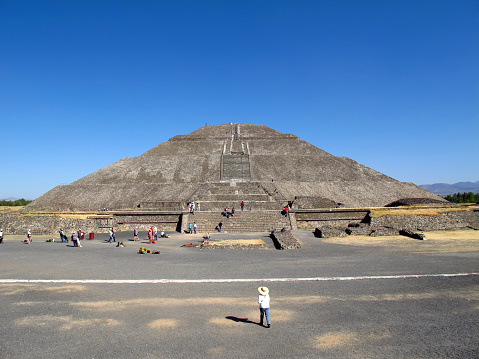 Teotihuacan, Mexico - 02 Mar 2011: The Pyramid of the sun in Ancient ruins of Aztecs, Teotihuacan, Mexico
