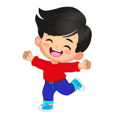 This vector illustration depicts a joyful young boy in mid-jump, with his arms spread wide and a big smile on his face, capturing the essence of childhood exuberance. Set in a kindergarten environment, the image portrays the boy dancing and playing, surrounded by playful colors and a vibrant setting that enhances the lively atmosphere. The artwork emphasizes movement and joy, ideal for educational themes or children's recreational content, highlighting a sense of freedom and the innocent fun of early childhood activities