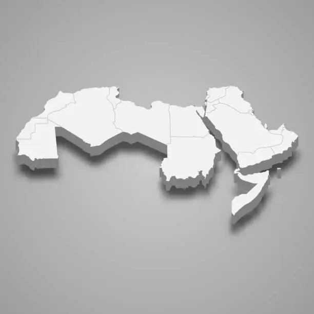 Vector illustration of 3d isometric map of Arab world region, isolated with shadow