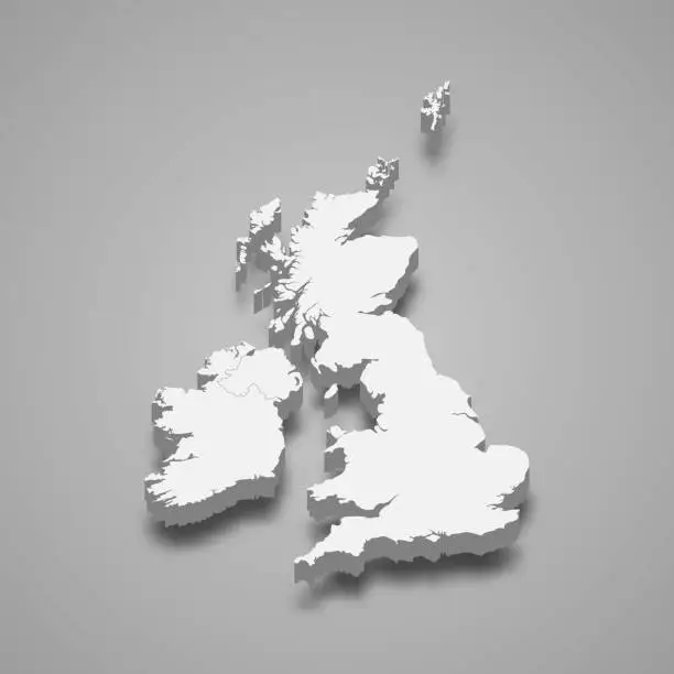 Vector illustration of 3d isometric map of British Isles region, isolated with shadow