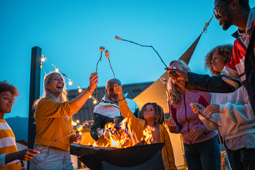 A joyful diverse group enjoys toasting marshmallows over a fire pit. Relatives of varying ages share laughter, wearing casual evening attire, under soft glowing lights at dusk.