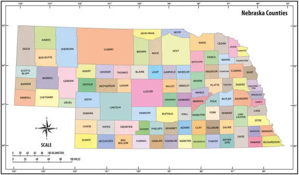 Vector illustration of Nebraska state outline administrative and political map in color