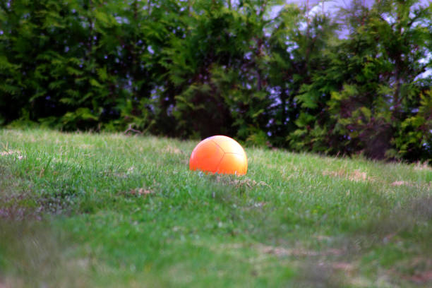 A forgotten orange football on a grass field