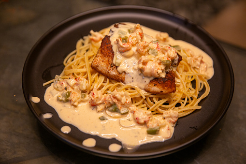 Blackened Snapper with Crawfish Pasta plated