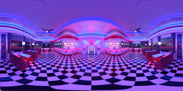 Neon retro diner interior. Full spherical panorama 360 degrees. 3D render illustration.