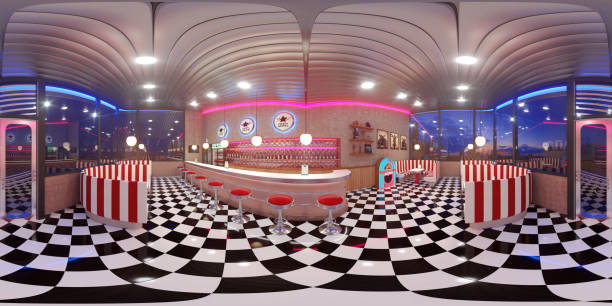istock Neon retro diner interior. Full spherical panorama 360 degrees. 3D render illustration. 2148481593