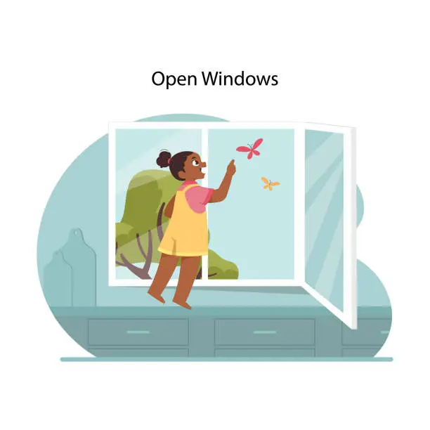 Vector illustration of Window fall prevention. Flat vector illustration