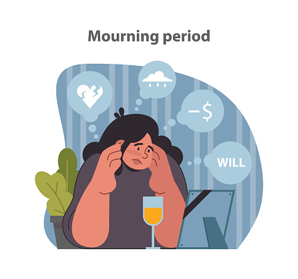Mourning period encapsulated. The dual ache of heartbreak and financial worry, under the shadow of loss. Flat vector illustration.
