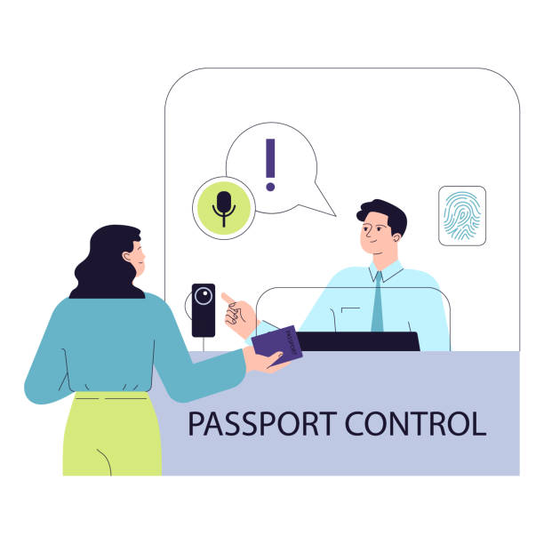 ilustrações, clipart, desenhos animados e ícones de controle de passaporte aeroportuário. um viajante fornece documentos ao pessoal de segurança - security security system security staff control