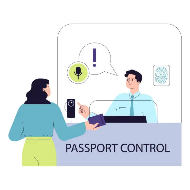 Vector illustration of Airport passport control. A traveler provides documents to security personnel