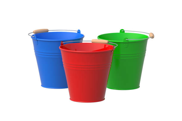 istock Colorful metal buckets isolated on white background. 3d render 2148482494
