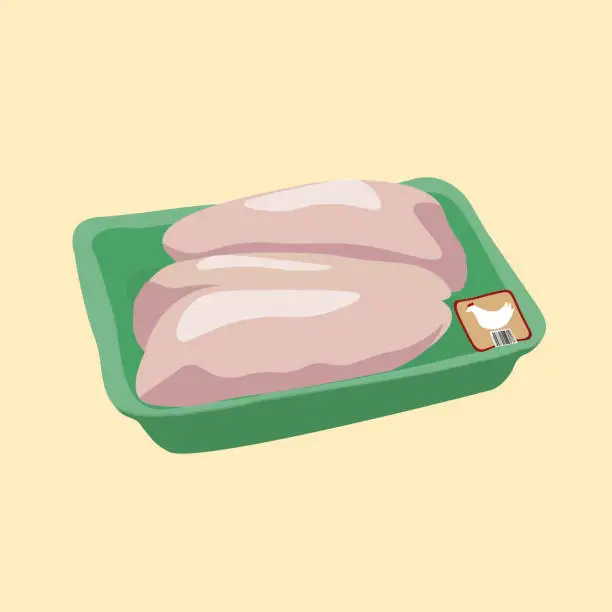 Vector illustration of isolated image of a chicken fillet in a foam tray. Chicken meat from the supermarket.colored vector illustration in the style of semi-realism.image for the site, application, print.