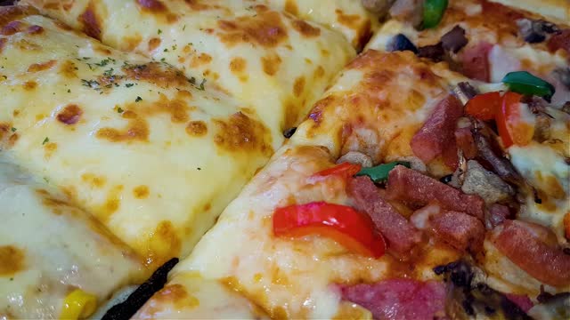 Amazing homemade square pizza with cheese and minced meat also sausage topping served on  wooden table Square pizza, full cheese spread  organic pizza  healthy pizza