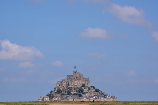 Panoramic view of famous historic Le Mont Saint-Michel tidal island Normandy northern France
