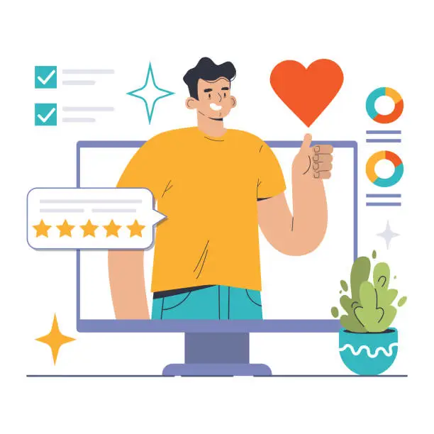 Vector illustration of Satisfied user gives thumbs-up beside monitor showcasing performance