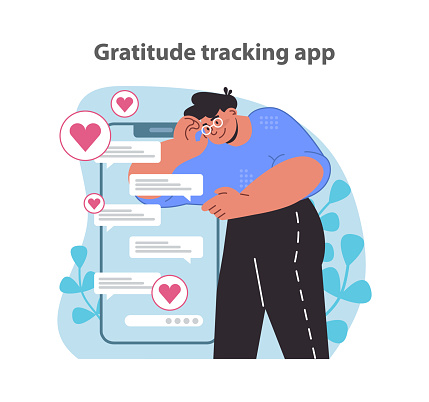 Gratitude tracking app concept. Celebrating daily moments of thankfulness through a digital journal. Flat vector illustration.