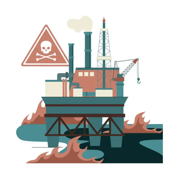 Vector illustration of Environmental hazard of oil spills. Fossil resources extraction and its impact