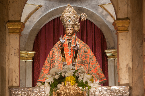 Pamplona, Spain - March 3rd, 2024: San Fermin Patron Saint figure at San Lorenzo Church, Pamplona, Navarra, Spain. Front view