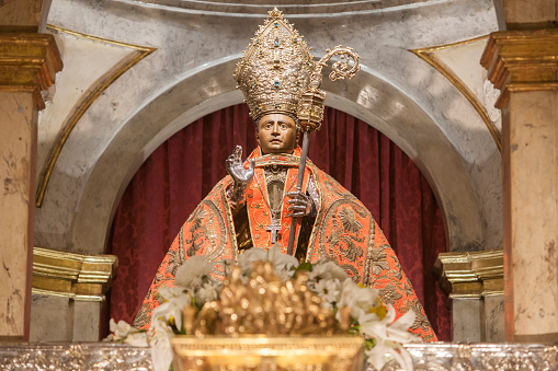 Pamplona, Spain - March 3rd, 2024: San Fermin Patron Saint figure at San Lorenzo Church, Pamplona, Navarra, Spain. Front view