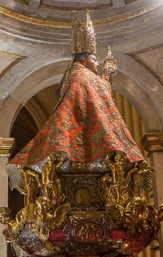 Pamplona, Spain - March 3rd, 2024: San Fermin Patron Saint figure at San Lorenzo Church, Pamplona, Navarra, Spain. Side view