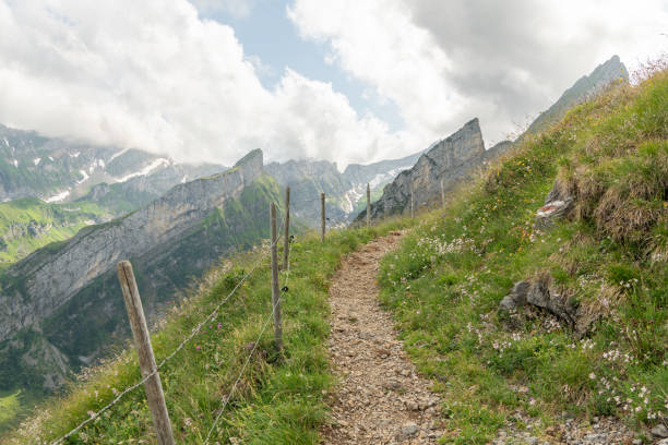 Summer view on a cloudy day of a hiking trail on a grassy alpine slope with sharp mountain peaks in the background. Appelzeller land hiking path between Altenalp and Aescher mountain hut. Beautiful.