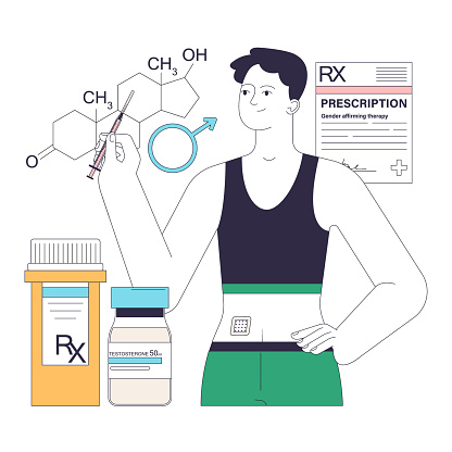 Gender transition. Gender-affirming therapy experience. Lifelong hormone therapy. Trans man with testosterone hormone prescription. Transgender medical care. Flat vector illustration