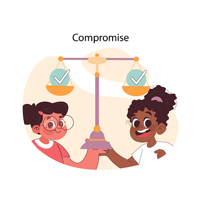 Compromise concept. Two kids learning the value of negotiation and balance. Handshake symbolizing agreement and fairness in conflict resolution. Flat vector illustration