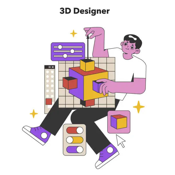 Vector illustration of 3D Designer Shaping Digital Realities. Flat vector illustration.