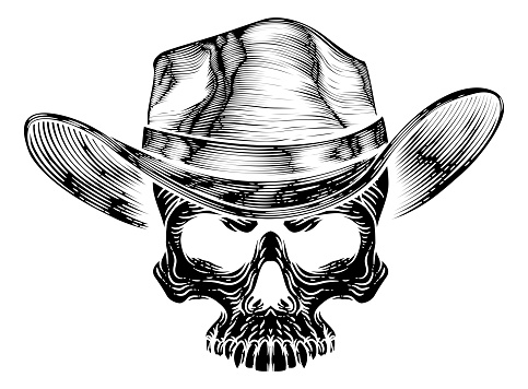 A cowboy human skull and wearing a western style hat. Grim reaper western wild west cartoon.