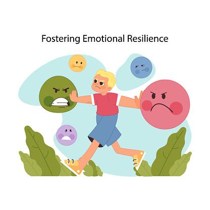 Emotional development concept. Boy navigating through different emotions, symbolizing growth of emotional resilience. Improvement of emotional intelligence in children. Flat vector illustration