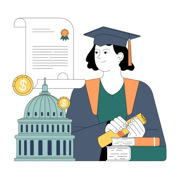 Vector illustration of Government subsidy. Education sector receive financial support. Graduate