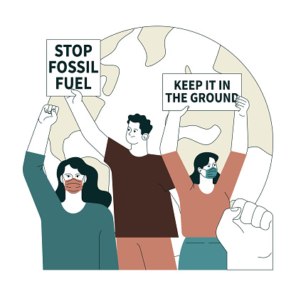 Climate change activism. Protesters with signs advocating for the cessation of fossil fuel use. Demonstration drawing attention to climate change. Protesting characters. Flat vector illustration