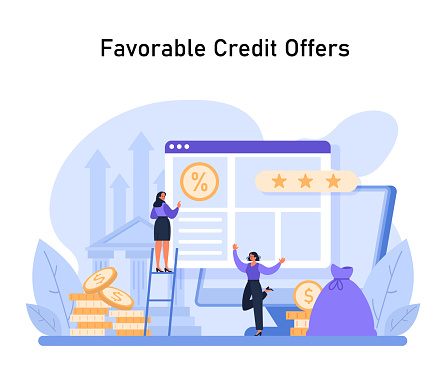 Securing Favorable Credit Deals. An optimistic depiction of obtaining advantageous credit terms, symbolized by a user reviewing offers and financial growth. Flat vector illustration