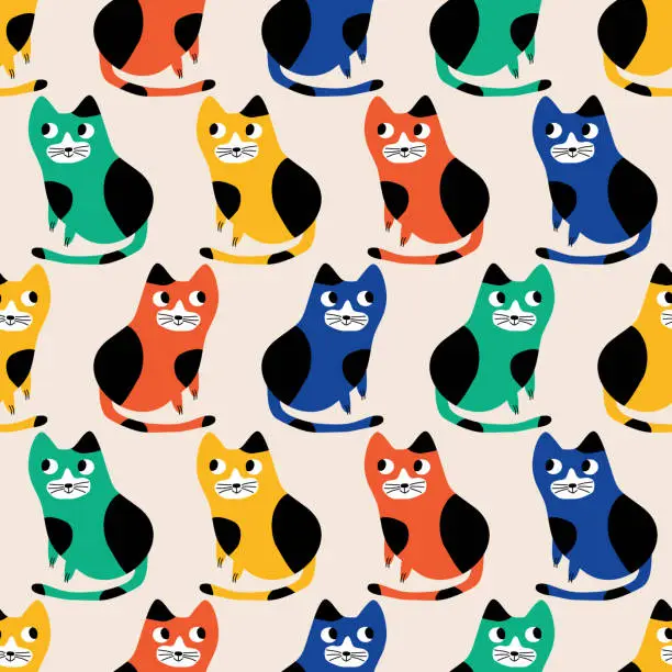 Vector illustration of Colorful cat hand drawn vector illustration. Funny kittens seamless pattern for kids fabric or wallpaper.