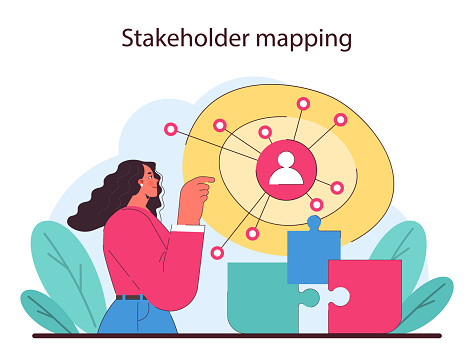 Stakeholder mapping concept. Analytical mind at work piecing together the stakeholder puzzle, pinpointing key relationships. Flat vector illustration.