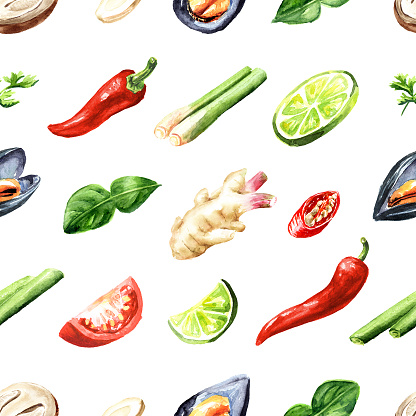 Tom Yum  ingredients seamless pattern. Hand drawn watercolor illustration, isolated on white background