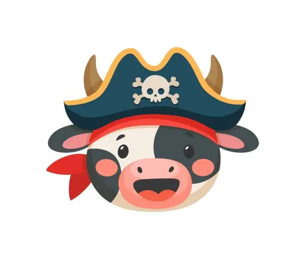 Vector illustration of Cartoon cow animal pirate, sailor and captain