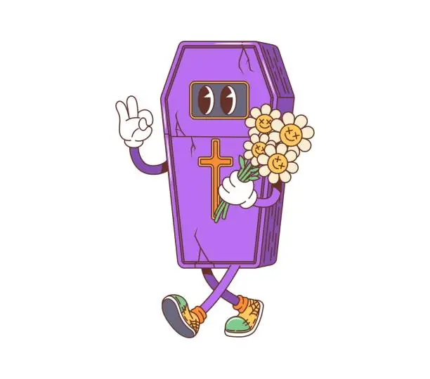 Vector illustration of Cartoon retro groovy Halloween coffin character