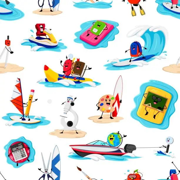 Vector illustration of Cartoon school supply characters on summer beach