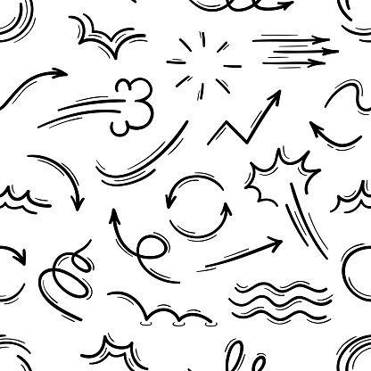 Movement and motion lines pattern. Wallpaper pattern, textile vector print or wrapping paper backdrop with animation movement signs. Fabric seamless background with comic motion line drawings